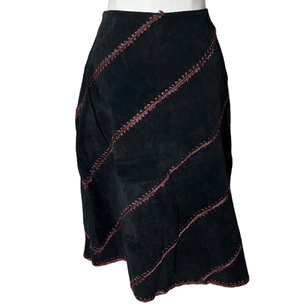 Vintage Karen Kane 100% Leather Suede Skirt Sz 12 Black Embroidered Boho Y2K‎